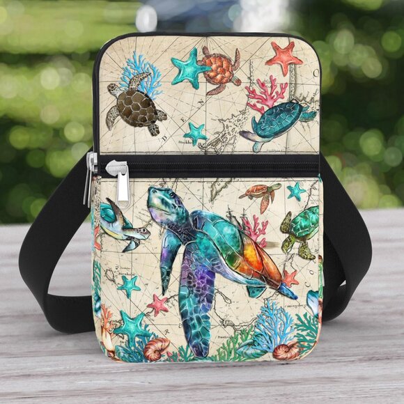 Sea Turtle Map Water-Resistant Canvas Crossbody Phone Bag with Adjustable Strap - Picture 8 of 8